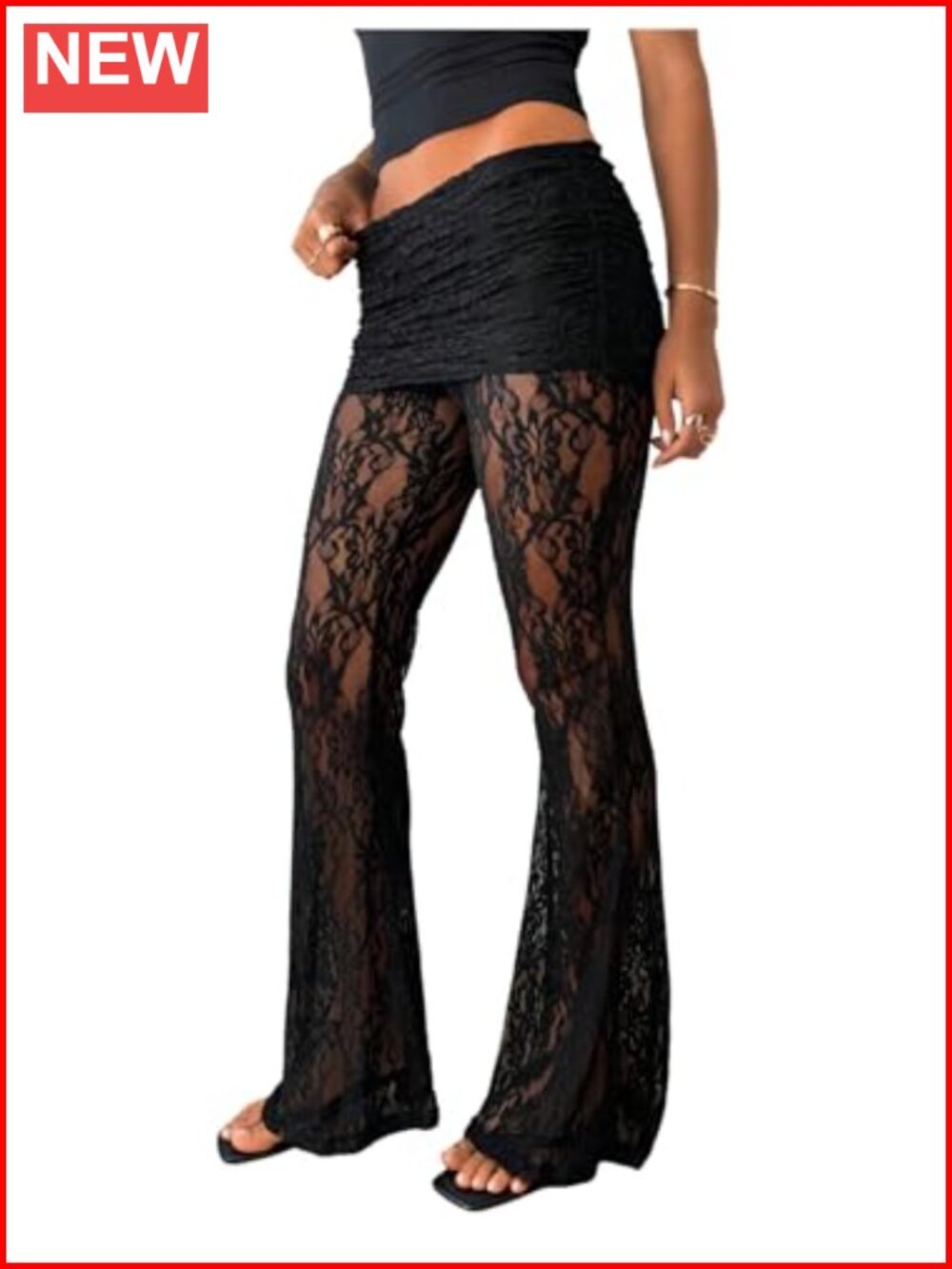 Women's Floral Lace Sheer Mesh Flared Bell Pants Low Rise Y2K Palazzo